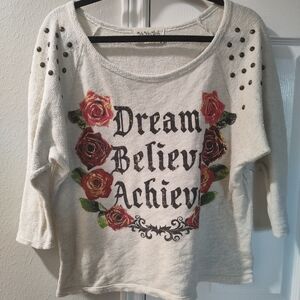 Ya Ya Club Dream Believe Achieve Studded Rose Knit Top Size Large Women's Boho